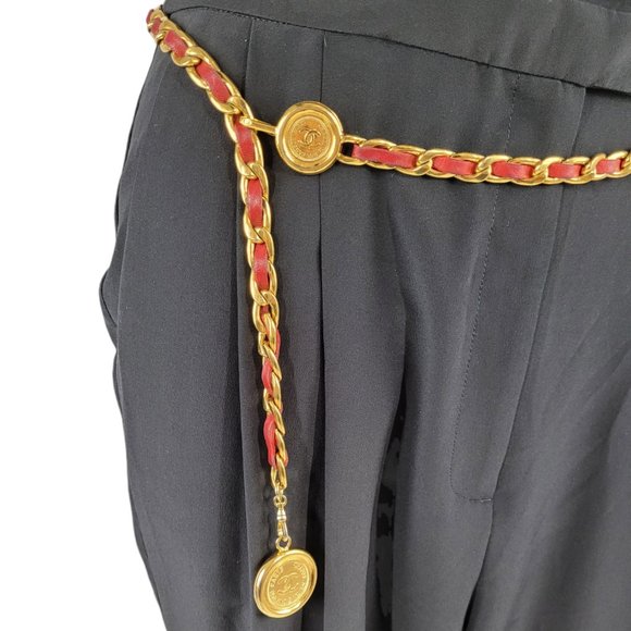 Chanel Red Leather and Gold Chain Belt - Picture 1 of 5